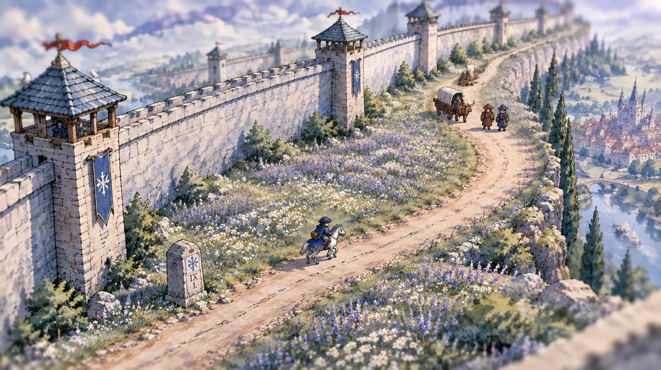 Sprite kurir berkuda menyusuri jalan tanah di sisi dalam tembok cincin, padang bunga lavender di sampingnya