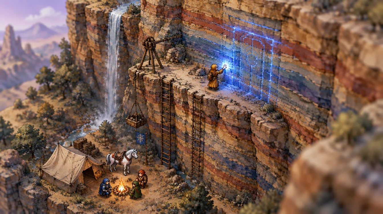 Sprite Geomancer menyentuh dinding ngarai berlapis yang menyala kobalt, perkemahan di bawahnya