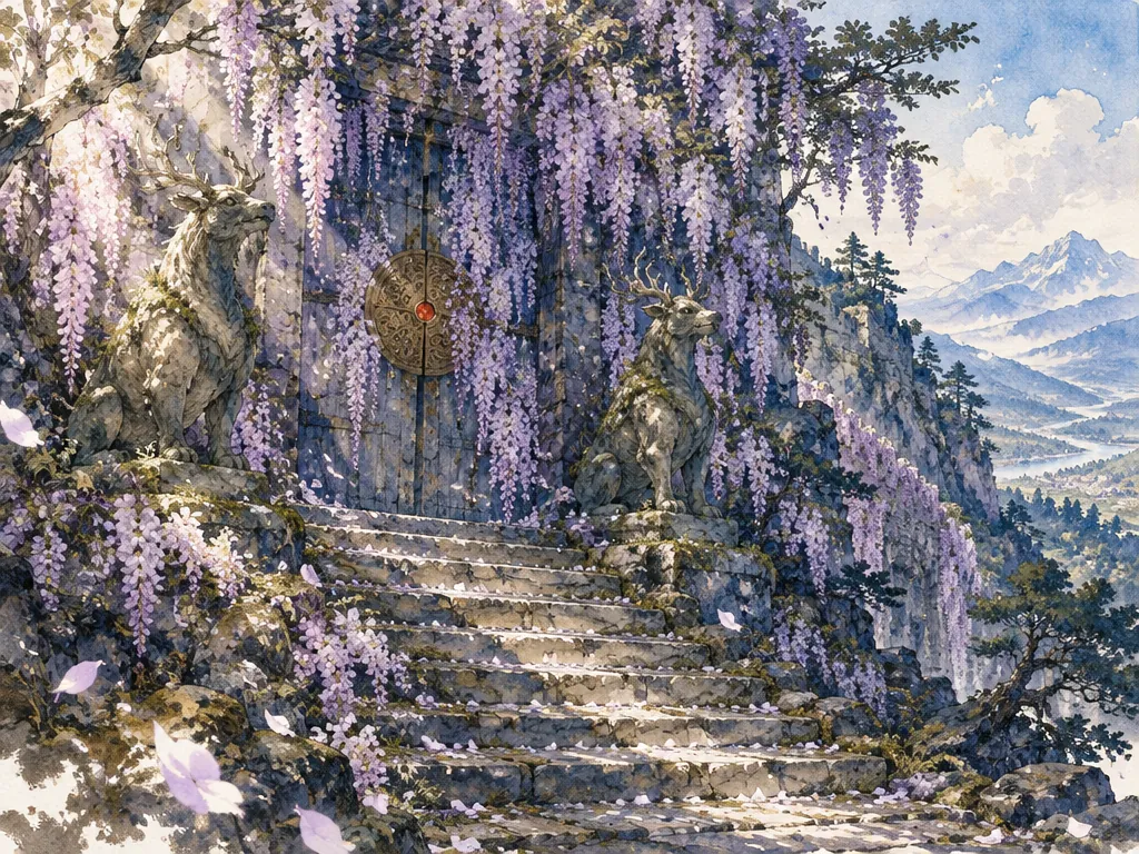 Gerbang tua di hutan gunung yang tertutup wisteria lavender